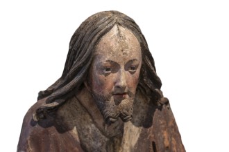 Head of Christ, detail of the Palmesel, wooden figure around 1520, on a white background, Diözesan