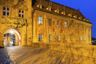 Façade painting on the Old Town Hall, Upper Bridge, Blue Hour, Bamberg, Lower Franconia, Bavaria,