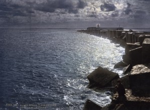 Moonlight with lighthouse, Algiers, Algeria, ca 1890, Historical, digitally restored reproduction