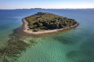 The island of Veli Školj off Pakostane seen from the air, Croatia, Europe