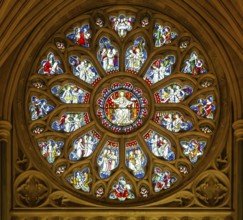 Round or rose stained glass window 1877 by Hardman, Bristol cathedral church, Bristol, England, UK