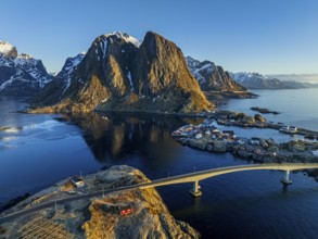Aerial view, bridge, village, steep mountains, coast, winter, fog, evening light, Reine,