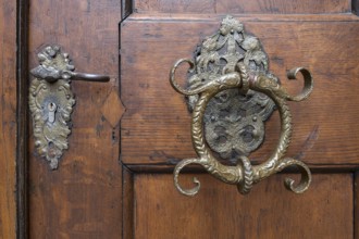 Historic door handle and door knocker from the 16th century, Bavaria, Germany, Europe