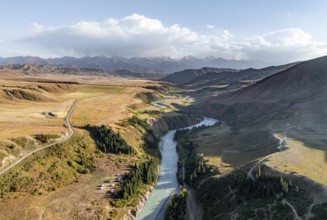 Mountain landscape with river in a narrow mountain valley in autumn, Little Naryn or Kichi-Naryn,