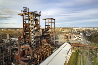 Industrial ruins of the Phönix West blast furnace works in Dortmund seen from the air, North