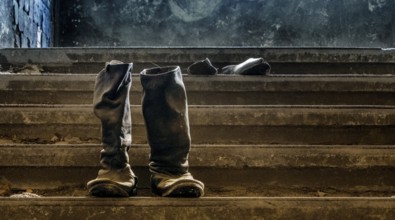 Old army boots, interior view of the former Alpine House on the historic grounds of the