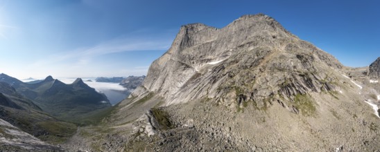 Aerial view of Mt. Stetind, famous norwegian mountain, seen from half way up to the top, northern
