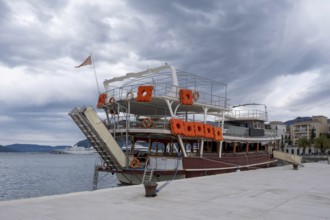 Excursion boat in the harbour of Porto Montenegro, Adriatic Sea, Mediterranean Sea, Montenegro,