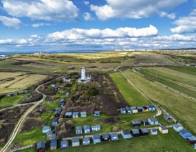 Portland Bird Observatory from a drone, Bill Lighthouse, Portland Bill, Isle of Portland, Dorset,