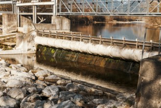 Close-up of an old water weir, sunny landscape and clear sky, Neunkirchen, Lower Austria, Austria,