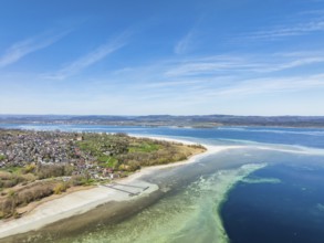 Aerial view of the Höri peninsula with the Lake Constance community of Horn at low tide, on the