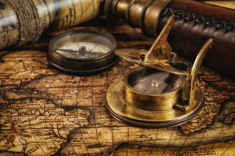 Travel geography navigation concept background, old vintage retro compass with sundial, spyglass