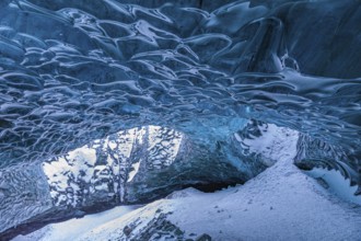 Aquamarine ice combs in Pröng Ice Cave, Sudurland, Iceland, Europe