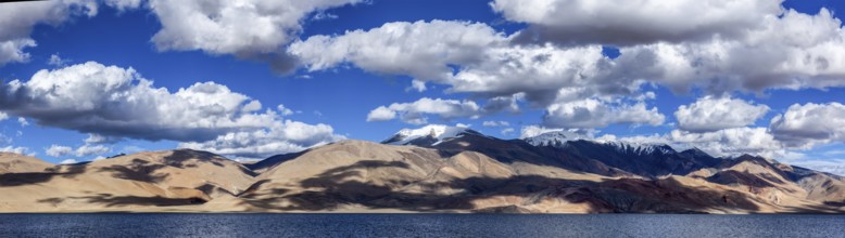 Panorama of Himalayan lake Tso Moriri in Himalayas on sunset, Korzok, Ladakh, India, Asia