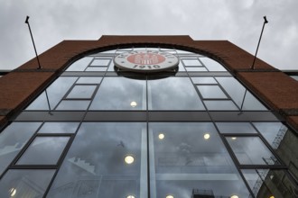 Glass façade with logo FC St. Pauli, Millerntor Stadium, St. Pauli district, Hamburg, Germany,