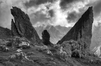 Malga-Alm below the Geisler peaks, Puez-Odle nature Park, Seceda, Val Gardena, Trentino, South