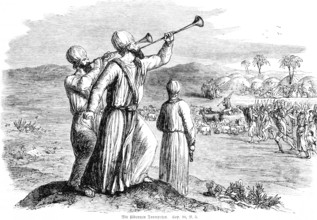 The silver trumpets, crowd, departure, animals, palm trees, landscape, mountains, Old Testament,