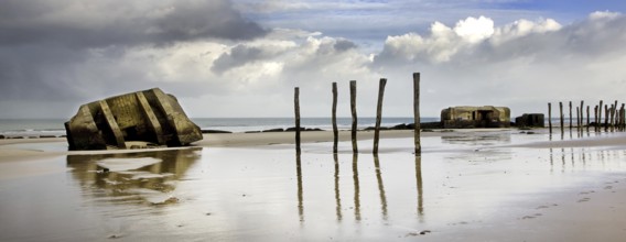World War II concrete blockhouses on beach at Wissant, Nord-Pas de Calais, France, Europe