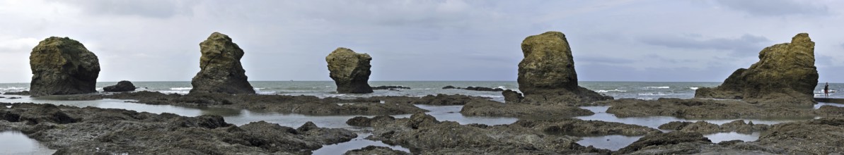 Sea stacks at the Plage des Cinq Pineaux at Saint-Hilaire-de-Riez, La Vendée, Pays de la Loire,