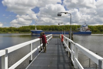 Woman on a jetty on the Kiel Canal, Schleswig-Holstein, Germany, Europe