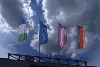 Woken sky with waving flags Rhineland-Palatinate, Germany, Europe