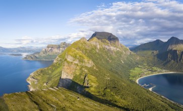 View from Finnesfjellet mountain to mountains and coast, Finnes, Helgeland coast, Bodø, Nordland,