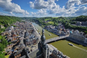 Aerial view of Dinant town, Collegiate Church of Notre Dame de Dinant, River Meuse and Pont Charles