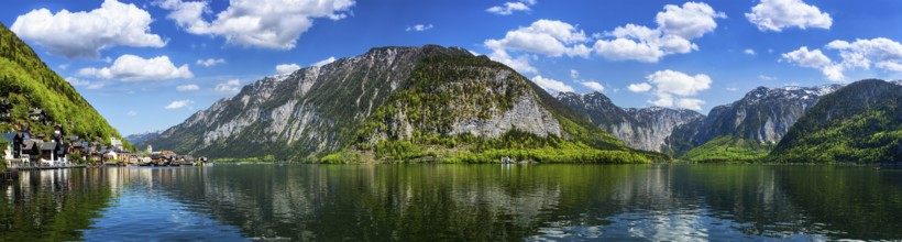 Austrian tourist destination, panorama of Hallstatt village and Hallstatter See mountain lake in