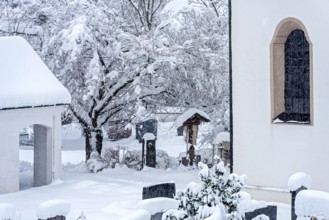 Cemetery at St Martin's parish church, late Middle Ages, snowed in, fresh snow, heavy snowfall,