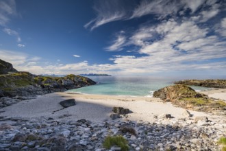 Sandy beach beach and rocky coast, near Bleik, Andoya Island, Vesterålen, Northern Norway, Norway,