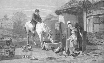The Farm Gate, Farmer's wife with two children and many animals on a farm, 1869, France, Historic,