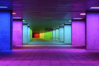 ROTTERDAM, NETHERLANDS, MAY 11, 2017: Colorful mulitcolored illuminated gallery tunnel rainbow