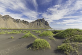 Vestrahorn, Vesturhorn, scree mountain made of gabbro and granophyre rocks, part of the Klifatindur
