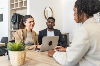 Business partners discussing with consultant using laptop during meeting in modern office