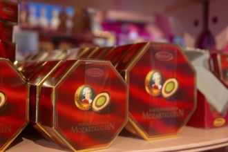 Close-up of Mozartkugeln in a shop in the famous Getreidegasse in Salzburg