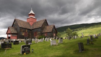 Cemetery under a gloomy sky, Dovre church, Dovre kyrkje, Dovre, Fylke Innlandet, upper