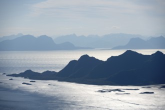 Mountain peak and fjord Austensfjorden, fjord landscape and sea, view from the summit of