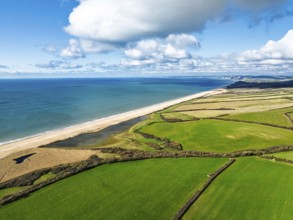 Farms over Swyre and West Bexington from a drone, West Bexington Nature Reserve, S W Coast Path,