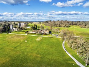 Lulworth Castle from a drone, Lulworth Estate, Camp Bestival, East Lulworth, Dorset, England,