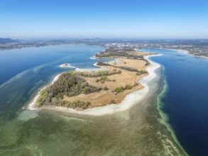 Aerial view of the Mettnau peninsula at low tide with shallows, danger to shipping traffic,