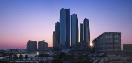UAE, United Arab Emirates, Abu Dhabi downtown panorama and financial center skyline, Asia