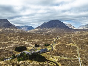 Mountains and Moors over Glen Etive Valley from a drone, Buachaille Etive Mòr, The Buachaille,