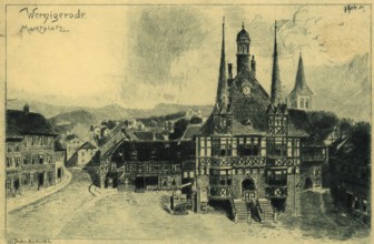 Historical postcard, picture postcard, market square with town hall in Wernigerode, Saxony-Anhalt,
