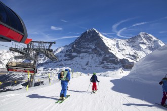 25 March 2024: Skiing against the backdrop of the north face of the Eiger in Grindelwald,