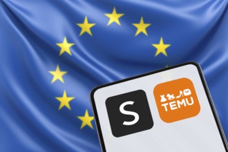 Temu and Shein app logo online marketplace from China with EU European Union flag online trade