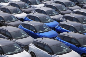 Duisburg, North Rhine-Westphalia, Germany - New cars, transhipment centre, car terminal in Duisburg