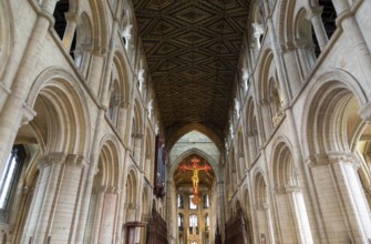 Interior of cathedral church, Peterborough, Cambridgeshire, England, UK looking up at ceiling and
