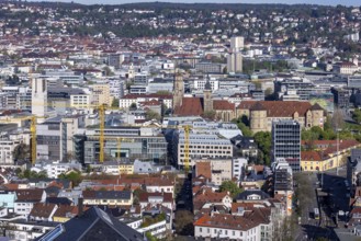 View of Stuttgart city centre. Charlottenplatz, Old Palace, Collegiate Church, Town Hall Tower.