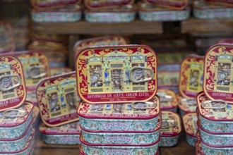 Tins of sardines on display in shop window, city of Porto, Portugal, Europe
