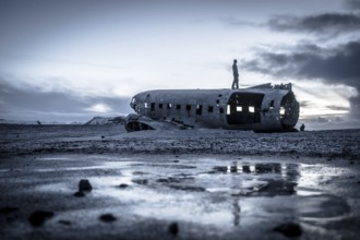 A man stands on the side of a crashed airplane. The sky is cloudy and the sun is setting